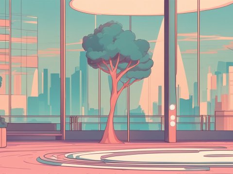 Calm Urban Courtyard with Trees and City Skyline