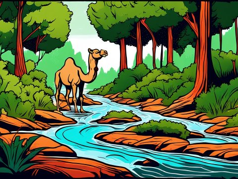 Camel by a Stream in a Vibrant Forest Illustration