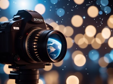 Camera Lens Reflecting Earth with Starry Bokeh Background