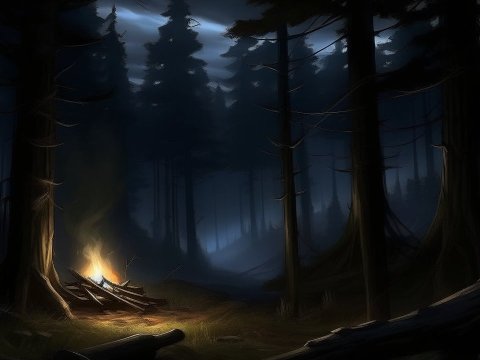 Campfire Glow in a Dark Forest at Night
