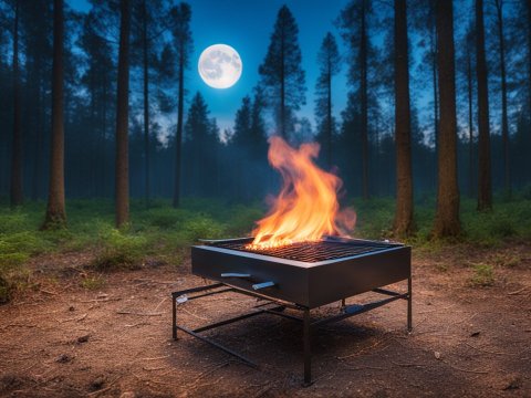 Campfire Grill Burning Bright Under Full Moon in Forest