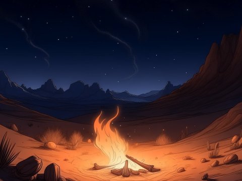 Campfire in a Desert Valley Under Starry Night