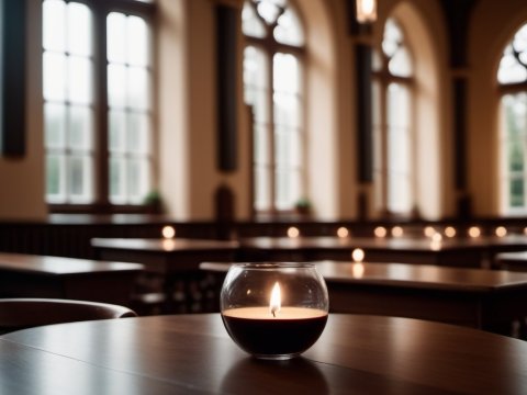 Candlelit Tables in a Historic Hall with Arched Windows