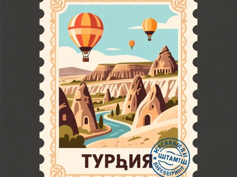 Cappadocia Hot Air Balloons Travel Stamp Illustration