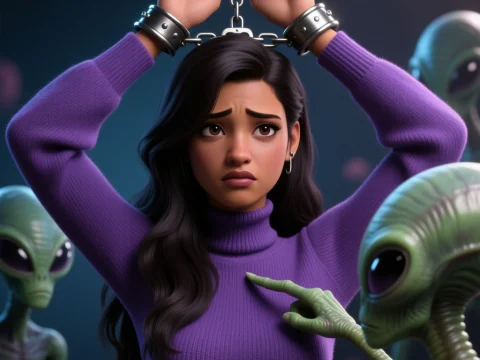 Captured Woman Surrounded by Aliens in Sci-Fi Scene