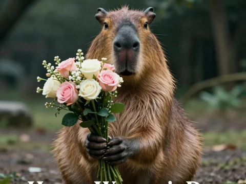 Capybara Holding Flower Bouquet for Women's Day
