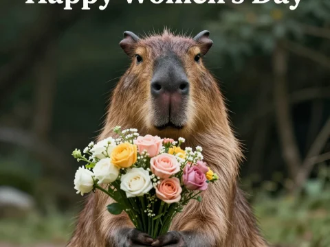 Capybara Holding Flowers for Happy Women's Day
