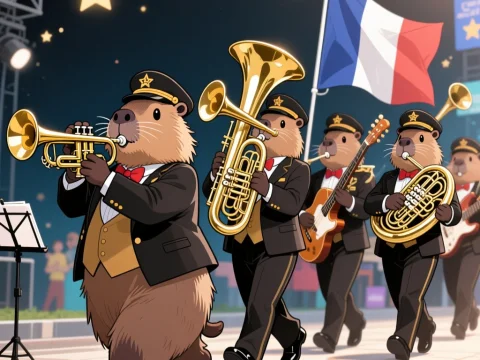 Capybara Marching Band Playing Brass Instruments