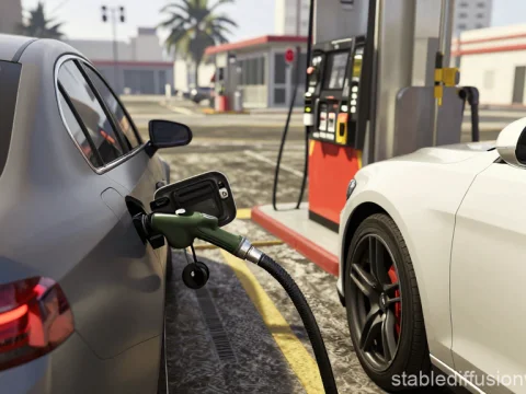 Car Refueling at Gas Station in Urban Setting