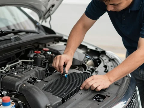 Car Service Worker Inspecting Engine Components