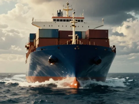 Cargo Ship Sailing Through Ocean Waves Under Dramatic Sky