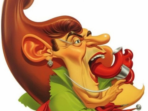 Caricature of a Man Playing a Red Horn Instrument