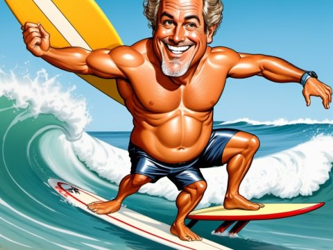 Caricature of a Muscular Surfer Riding a Wave