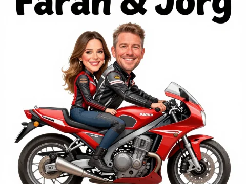 Caricature of Farah & Jörg Riding a Red Motorcycle