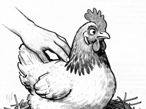 Caricature of Hen Protecting Eggs with Human Hand