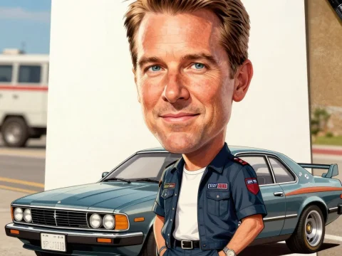 Caricature of Man with Classic Car Illustration