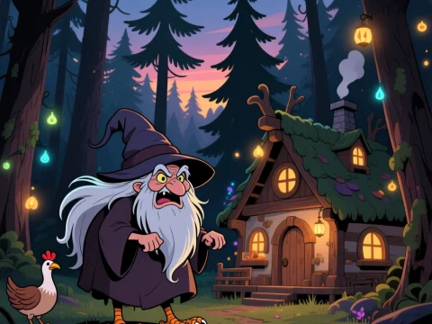Cartoon Baba Yaga with Chicken in Enchanted Forest