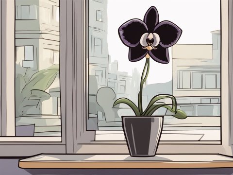 Cartoon Black Orchid on a Windowsill with Urban Background