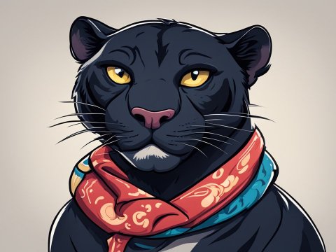 Cartoon Black Panther with Colorful Scarf