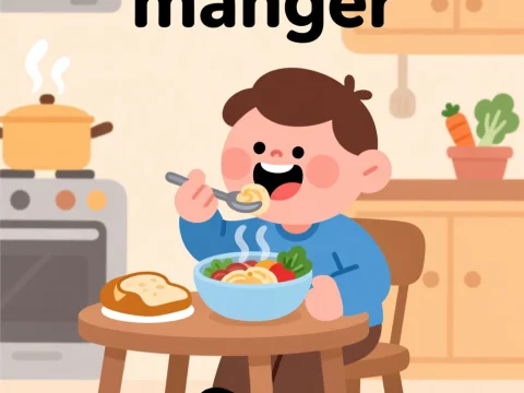 Cartoon Boy Enjoying a Hot Meal at the Table