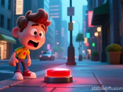 Cartoon Boy Surprised by Glowing Red Button on City Sidewalk