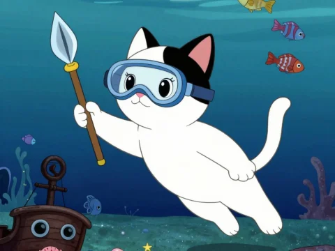 Cartoon Cat Diver Exploring Underwater