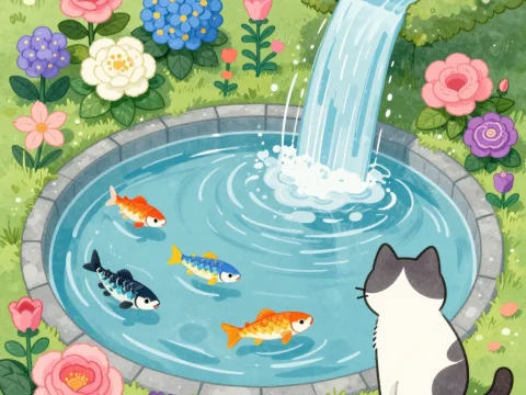 Cartoon Cat Watching Colorful Koi Fish in a Garden Pond