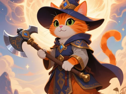 Cartoon Cat Wizard Holding Magical Axe Under Glowing Moon