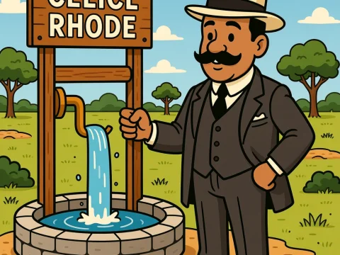 Cartoon Character Cecil Rhodes by a Water Pump