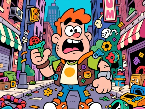 Cartoon Character in Vibrant Urban Street Scene