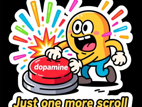 Cartoon Character Pressing Dopamine Button