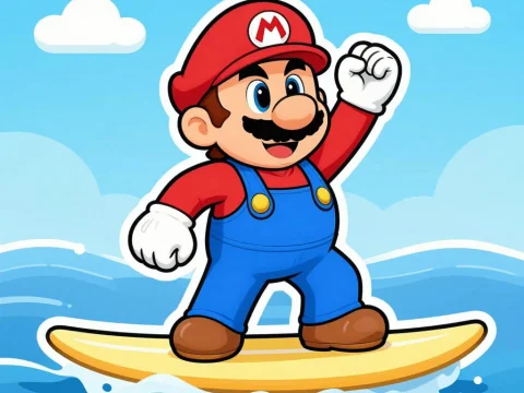 Cartoon Character Surfing on a Wave