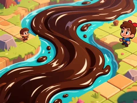 Cartoon Characters by a Flowing Chocolate River