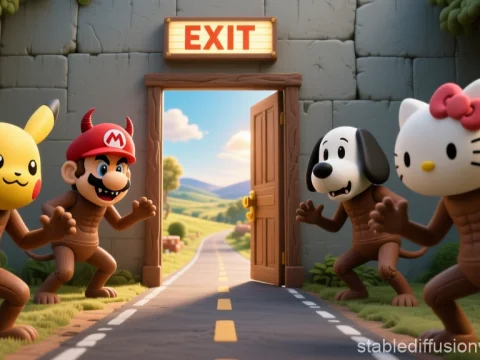 Cartoon Characters Guarding an Exit Door to a Sunny Road