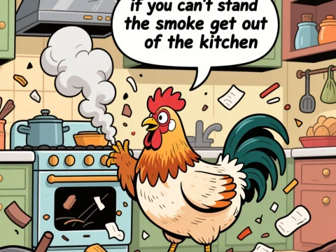 Cartoon Chicken in Smoky Kitchen with Bold Message