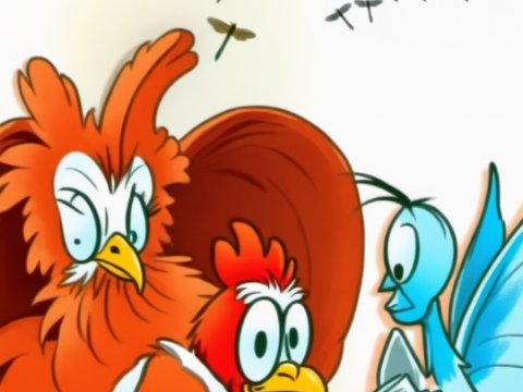 Cartoon Chickens and Blue Dragonfly Reading Newspaper