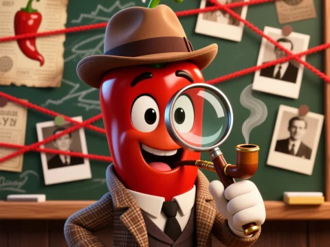 Cartoon Chili Pepper Detective with Magnifying Glass and Pipe