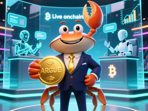 Cartoon Crab CEO Holding ARGUE Crypto Coin in Futuristic Studio