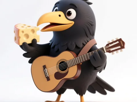 Cartoon Crow Playing Guitar and Holding Cheese