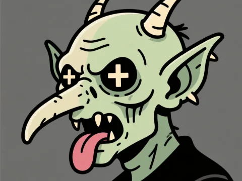 Cartoon Dead Goblin Head with Crossed-Out Eyes