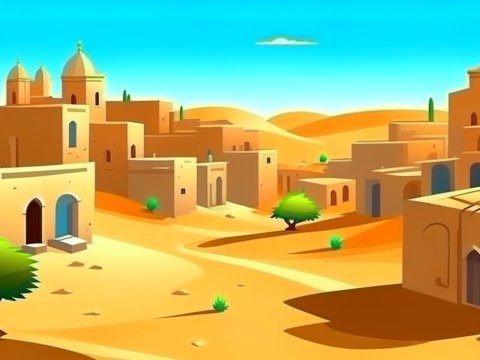 Cartoon Desert Village with Sandy Buildings and Trees