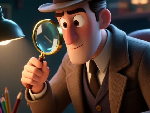 Cartoon Detective Examining Clues with Magnifying Glass