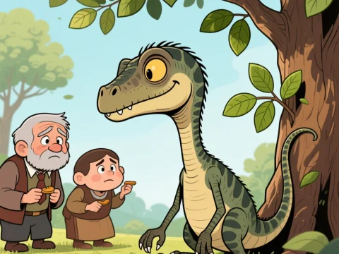 Cartoon Dinosaur Sharing Food with Worried Humans