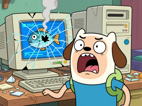 Cartoon Dog Character Shocked by Broken Computer Screen