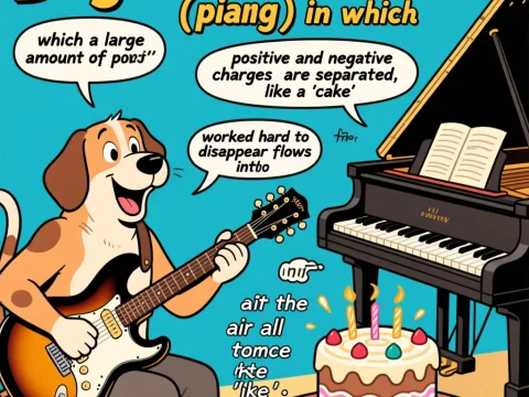 Cartoon Dog Playing Guitar with Cake and Piano