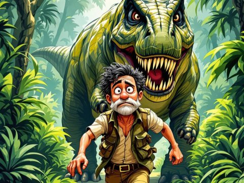 Cartoon Explorer Running from a Dinosaur in Dense Jungle