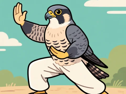 Cartoon Falcon Practicing Tai Chi