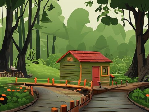Cartoon Forest Cabin with Wooden Pathways