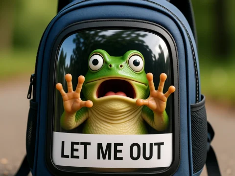 Cartoon Frog Trapped in Backpack with 'Let Me Out' Sign