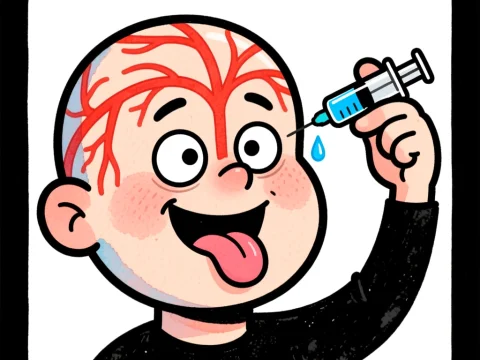 Cartoon Head with Syringe and Visible Brain Veins